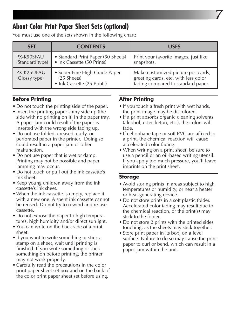 About color print paper sheet sets (optional) | JVC GVSP2 User Manual | Page 9 / 36