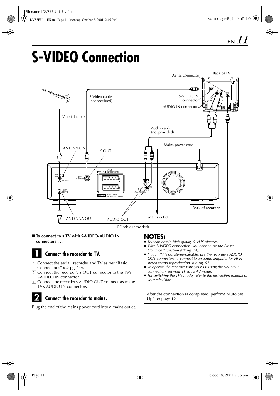 S-video connection, Connect the recorder to tv, Connect the recorder to mains | JVC HR-DVS3EU User Manual | Page 11 / 92