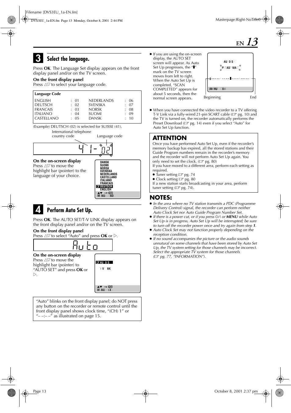 Select the language, Perform auto set up, Attention | JVC HR-DVS3EU User Manual | Page 13 / 92