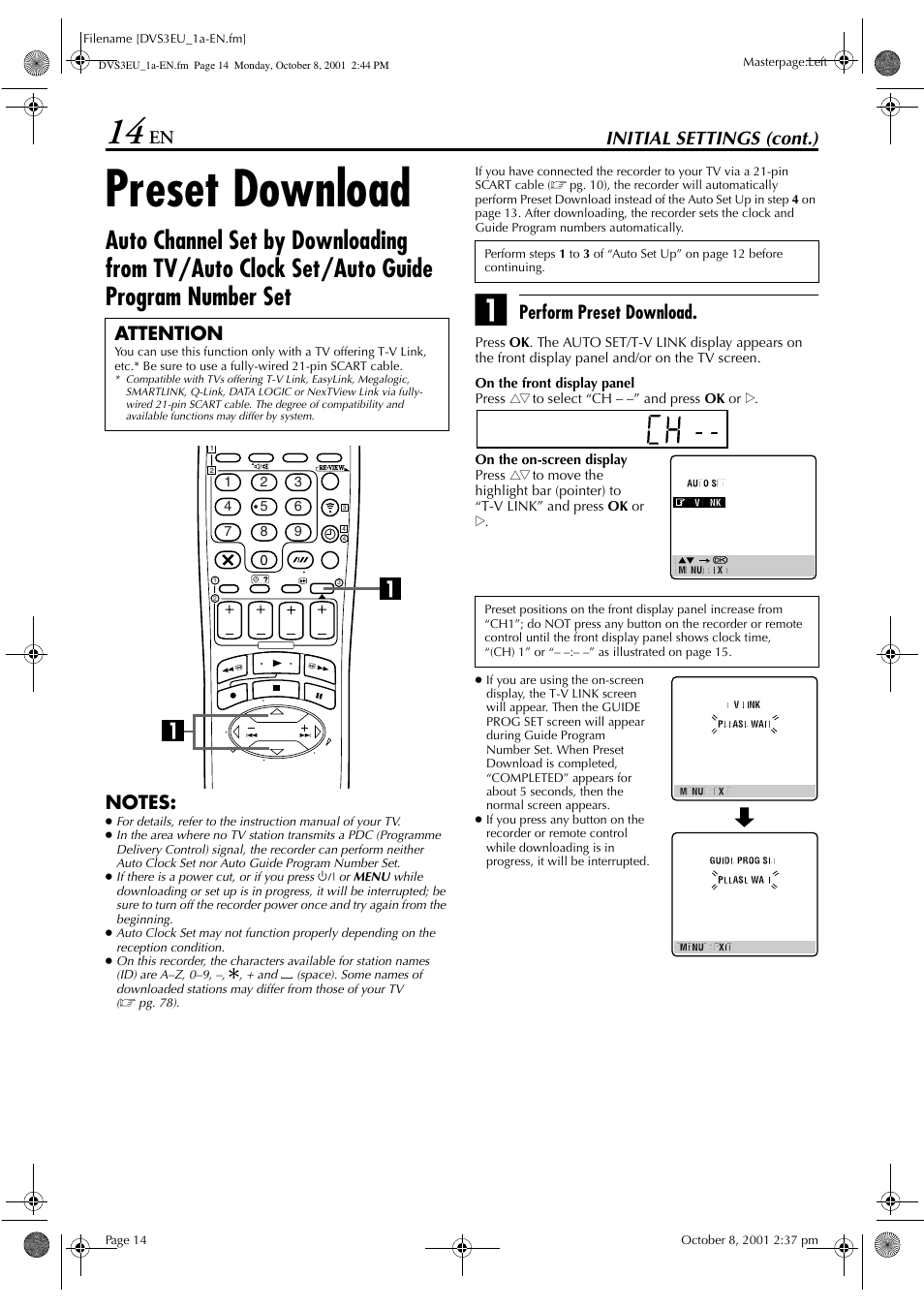 Preset download, Initial settings (cont.), Perform preset download | Attention | JVC HR-DVS3EU User Manual | Page 14 / 92