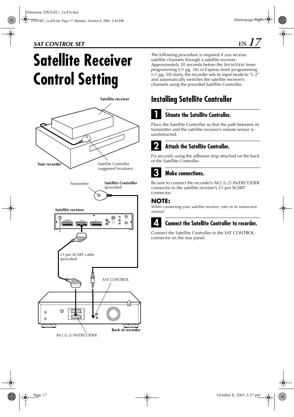 Satellite receiver control setting, Installing satellite controller | JVC HR-DVS3EU User Manual | Page 17 / 92