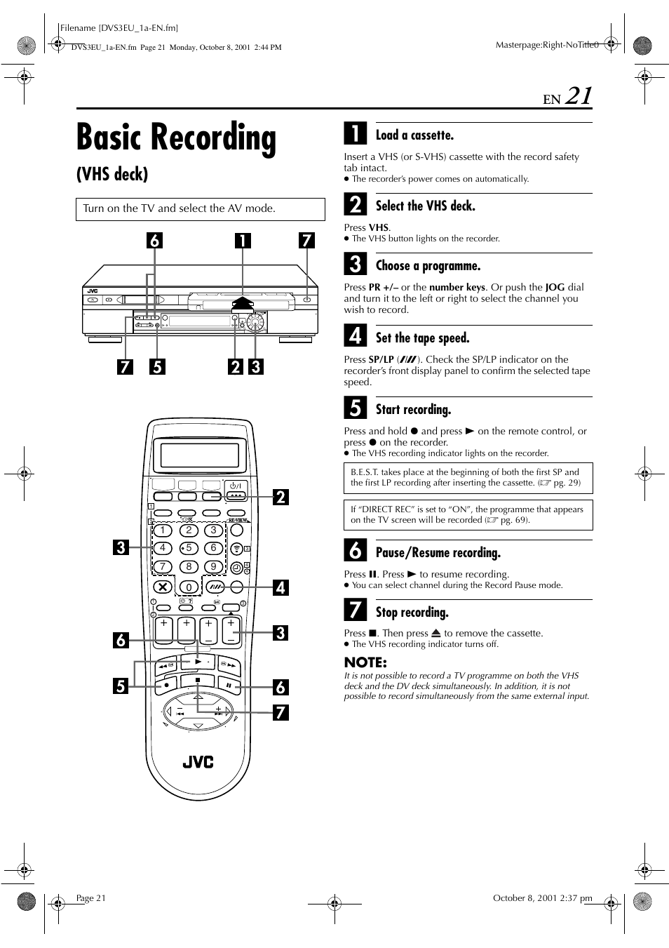 Basic recording, Vhs deck) | JVC HR-DVS3EU User Manual | Page 21 / 92