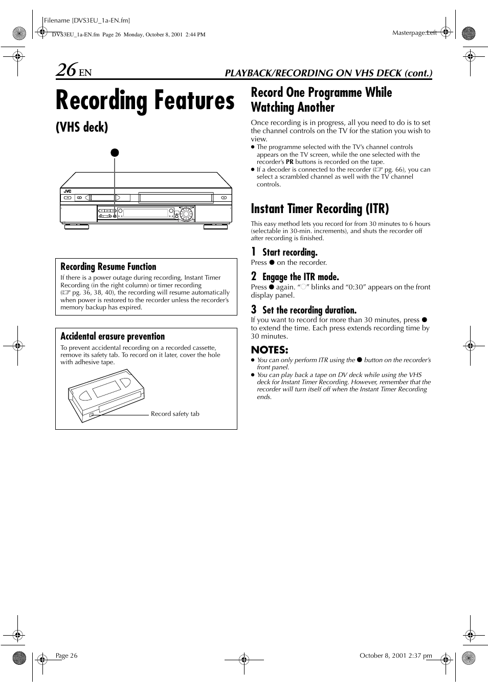 Recording features, Instant timer recording (itr) | JVC HR-DVS3EU User Manual | Page 26 / 92