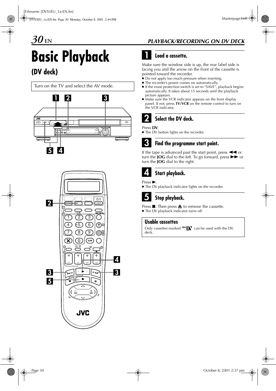 Basic playback, Dv deck) | JVC HR-DVS3EU User Manual | Page 30 / 92