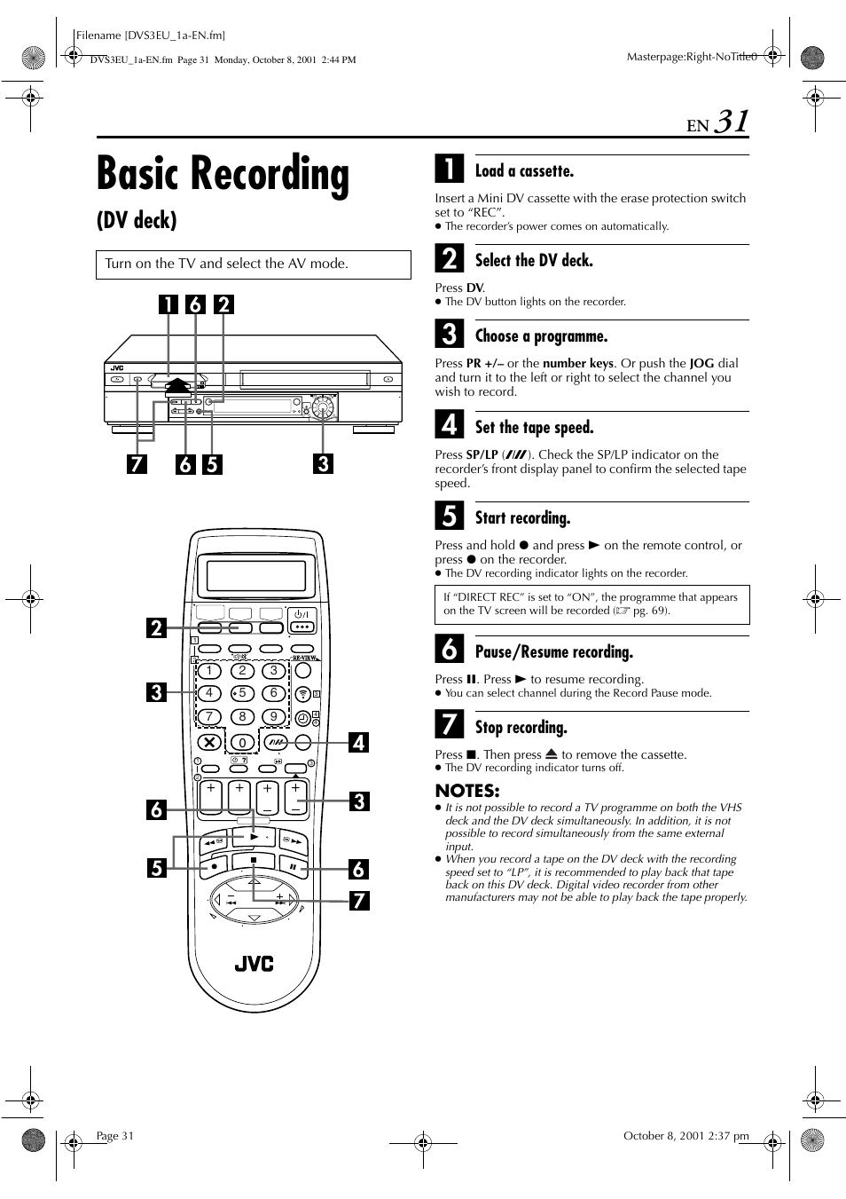 Basic recording, Dv deck) | JVC HR-DVS3EU User Manual | Page 31 / 92