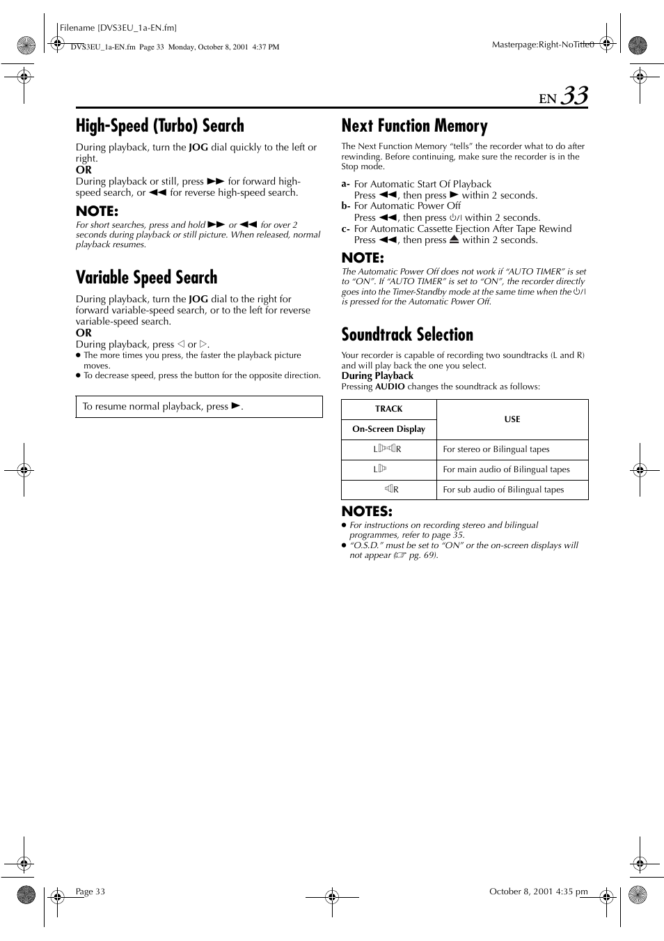 High-speed (turbo) search, Variable speed search, Soundtrack selection | JVC HR-DVS3EU User Manual | Page 33 / 92