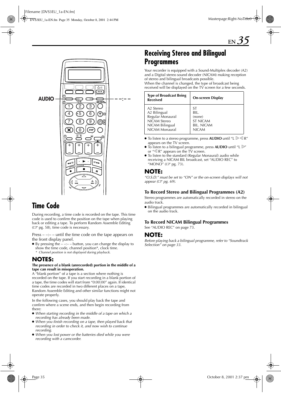 Time code, Receiving stereo and bilingual programmes | JVC HR-DVS3EU User Manual | Page 35 / 92