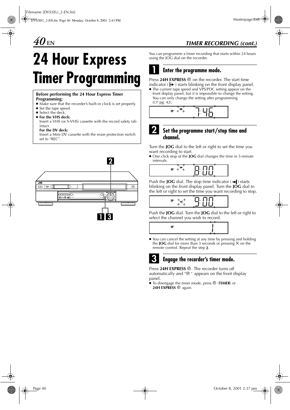 24 hour express timer programming | JVC HR-DVS3EU User Manual | Page 40 / 92