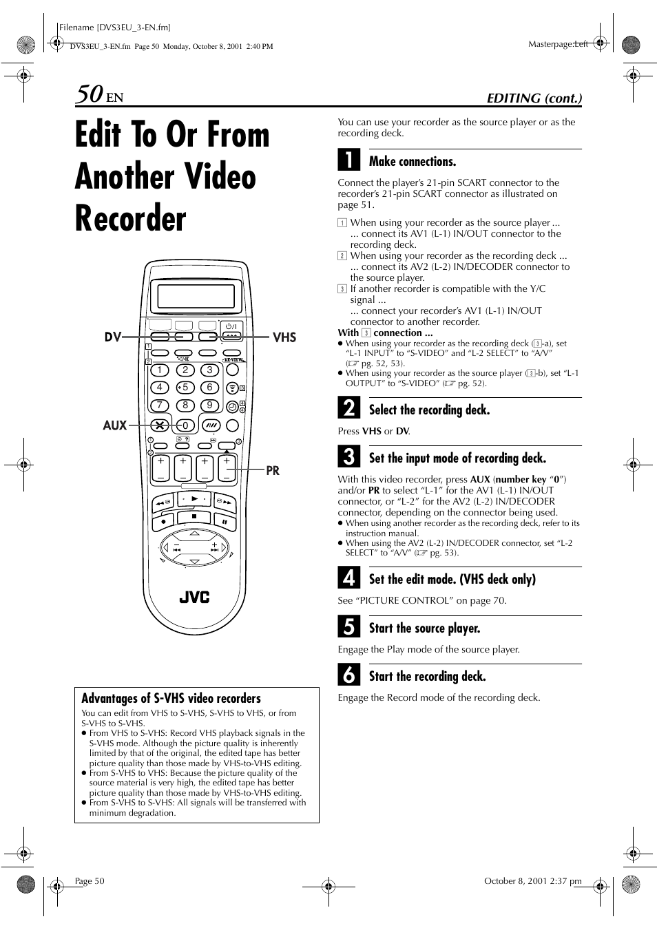 Edit to or from another video recorder | JVC HR-DVS3EU User Manual | Page 50 / 92