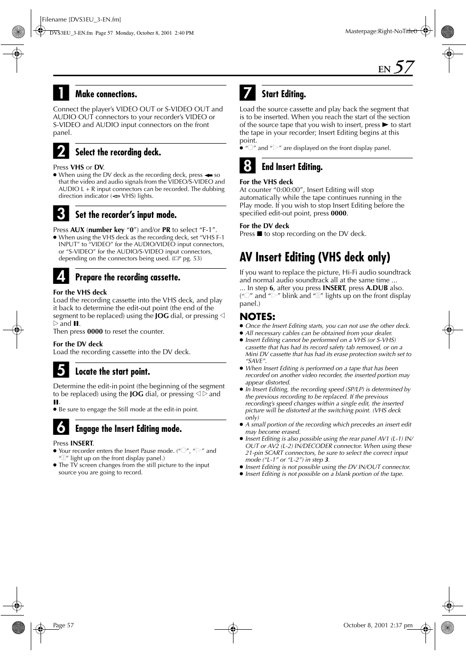 Av insert editing (vhs deck only) | JVC HR-DVS3EU User Manual | Page 57 / 92