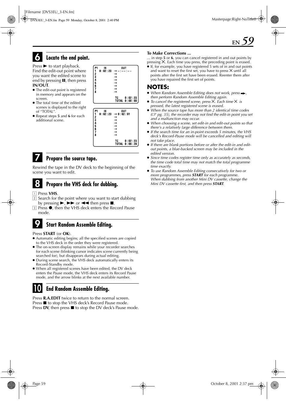 Locate the end point, Prepare the source tape, Prepare the vhs deck for dubbing | Start random assemble editing, End random assemble editing | JVC HR-DVS3EU User Manual | Page 59 / 92