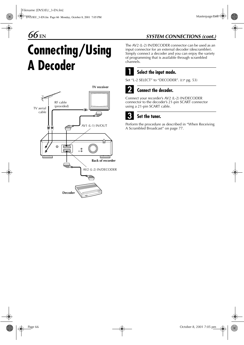 Connecting/using a decoder | JVC HR-DVS3EU User Manual | Page 66 / 92