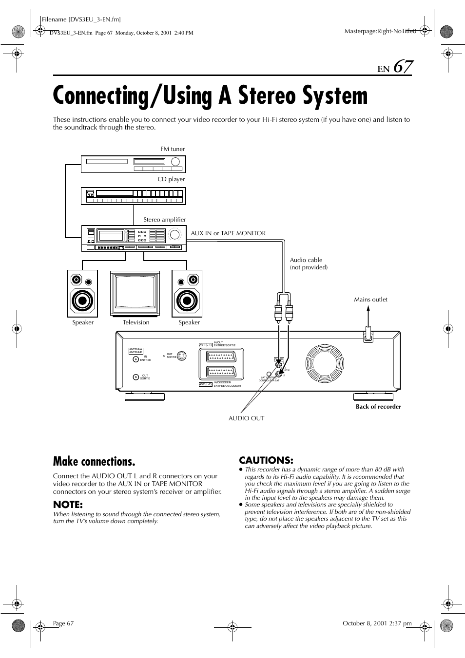 Connecting/using a stereo system, Make connections, Cautions | JVC HR-DVS3EU User Manual | Page 67 / 92