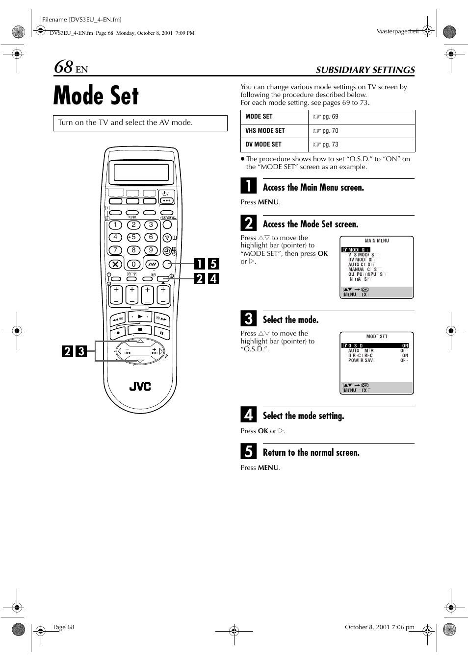 Mode set | JVC HR-DVS3EU User Manual | Page 68 / 92