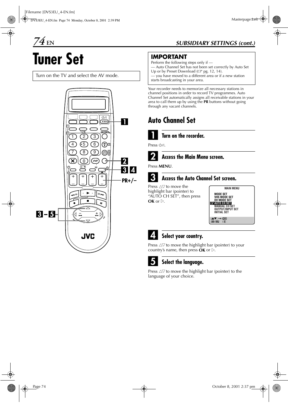 Tuner set, Auto channel set | JVC HR-DVS3EU User Manual | Page 74 / 92