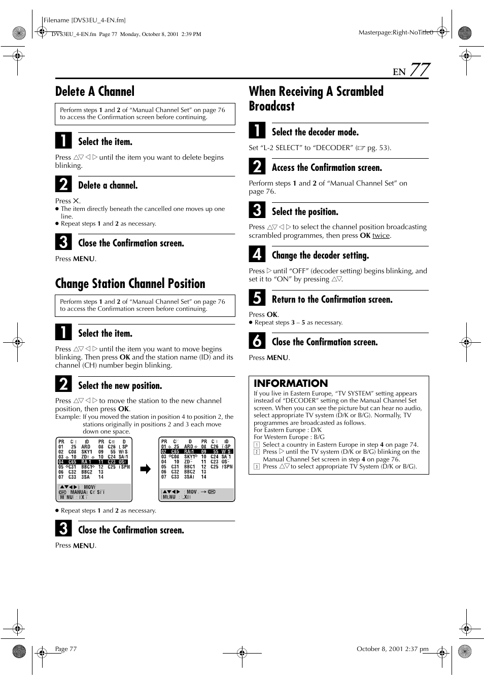 Delete a channel, Change station channel position, When receiving a scrambled broadcast | JVC HR-DVS3EU User Manual | Page 77 / 92