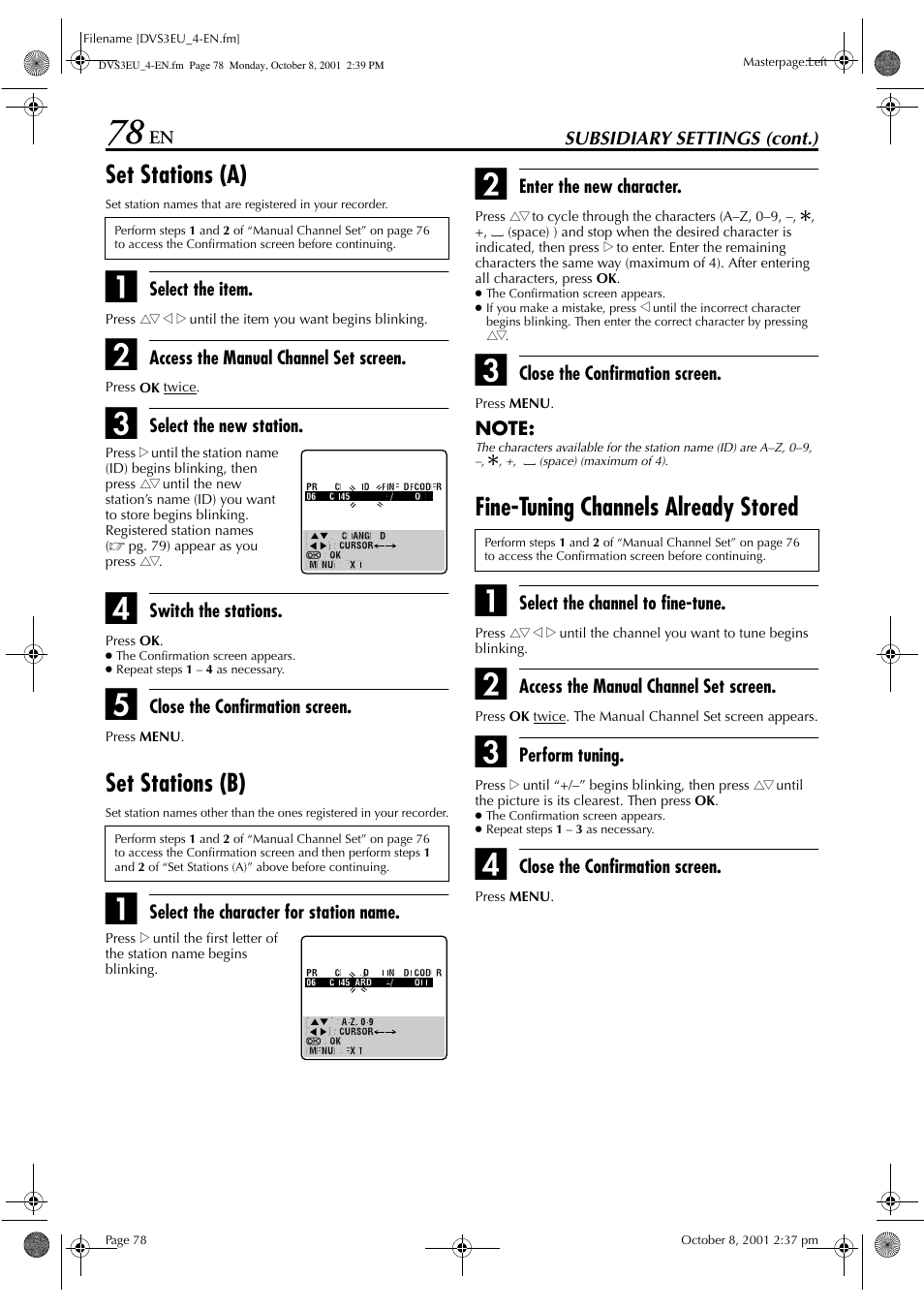 Set stations (a), Set stations (b), Fine-tuning channels already stored | JVC HR-DVS3EU User Manual | Page 78 / 92