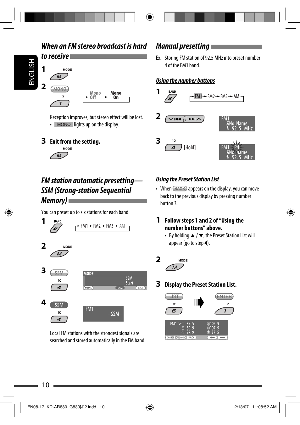 Manual presetting, When an fm stereo broadcast is hard to receive 1 | JVC KD-AR880J User Manual | Page 10 / 147