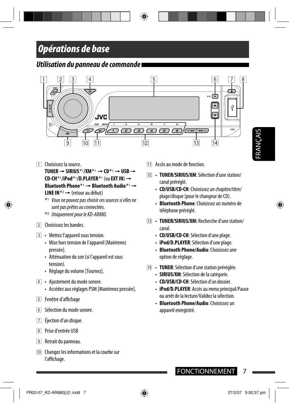 Opérations de base, Utilisation du panneau de commande, Français 7 fonctionnement | JVC KD-AR880J User Manual | Page 103 / 147