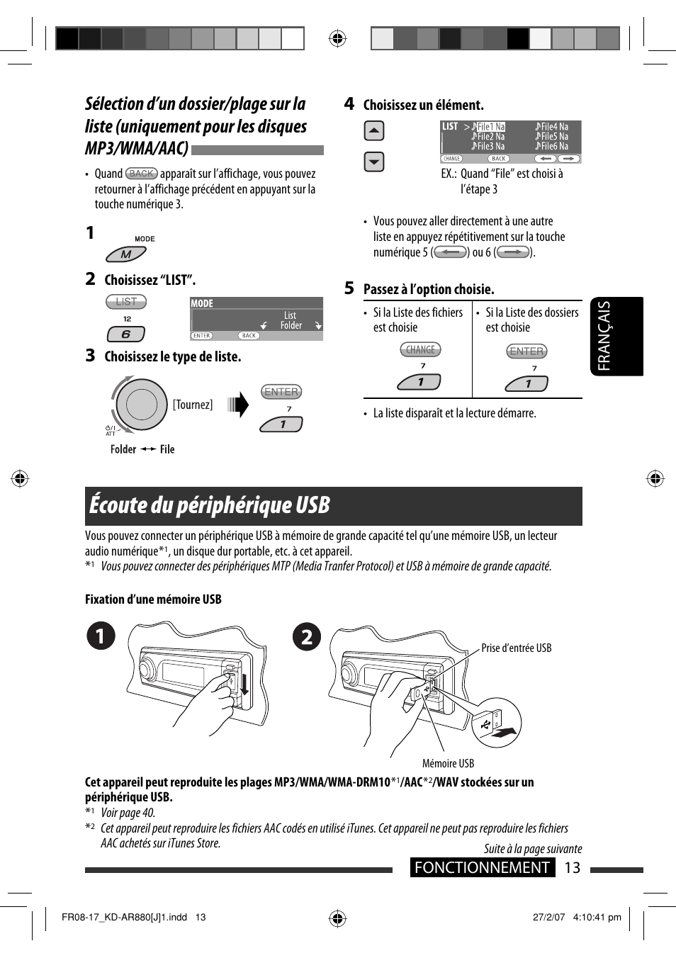 Écoute du périphérique usb, Français 13 fonctionnement | JVC KD-AR880J User Manual | Page 109 / 147