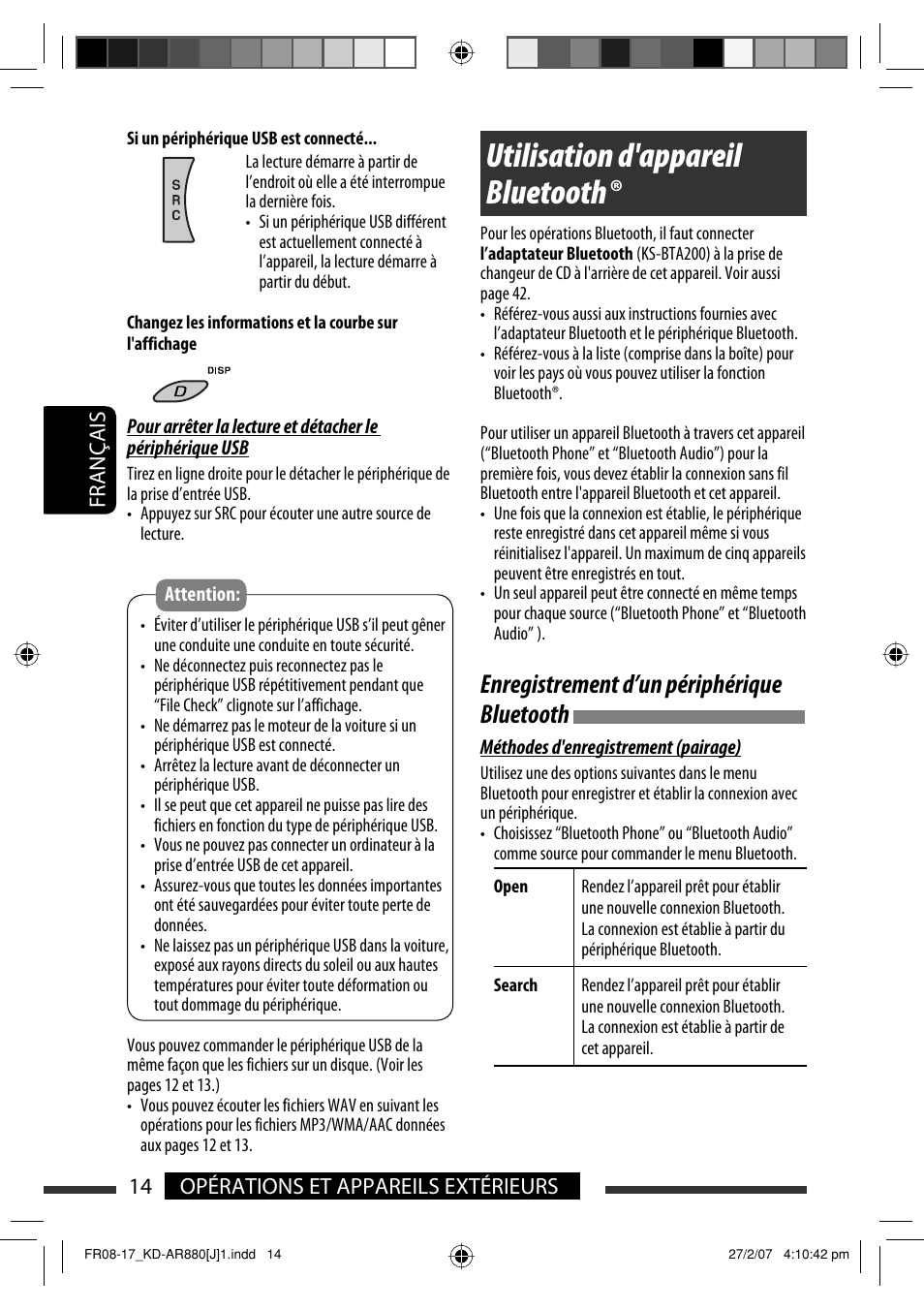 Utilisation d'appareil bluetooth, Enregistrement d’un périphérique bluetooth, Français 14 opérations et appareils extérieurs | JVC KD-AR880J User Manual | Page 110 / 147