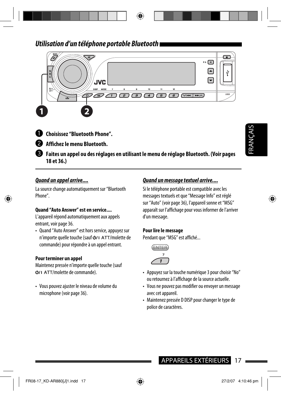 Utilisation d’un téléphone portable bluetooth | JVC KD-AR880J User Manual | Page 113 / 147