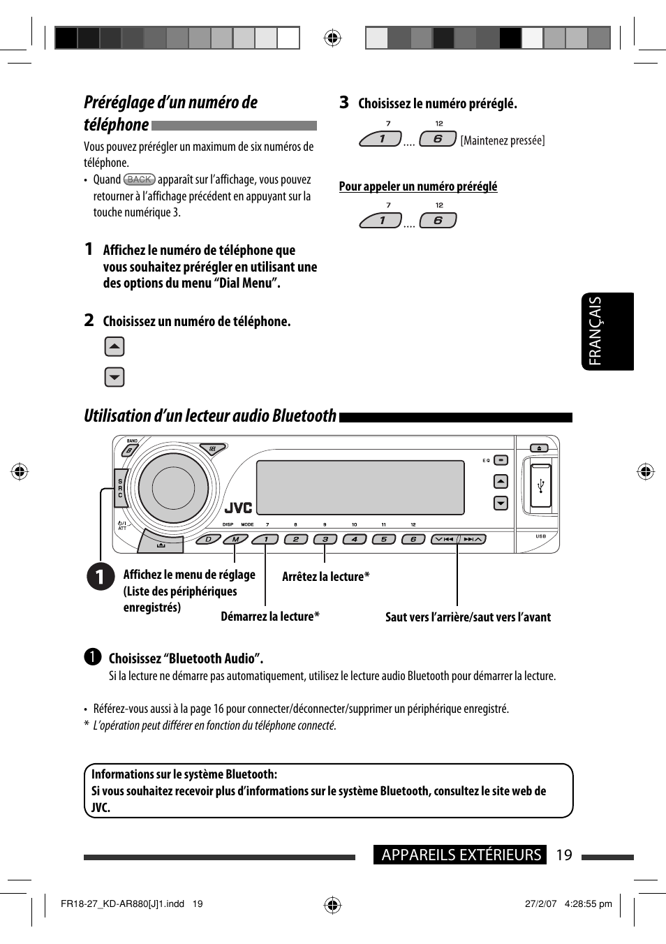 Utilisation d’un lecteur audio bluetooth, Préréglage d’un numéro de téléphone | JVC KD-AR880J User Manual | Page 115 / 147