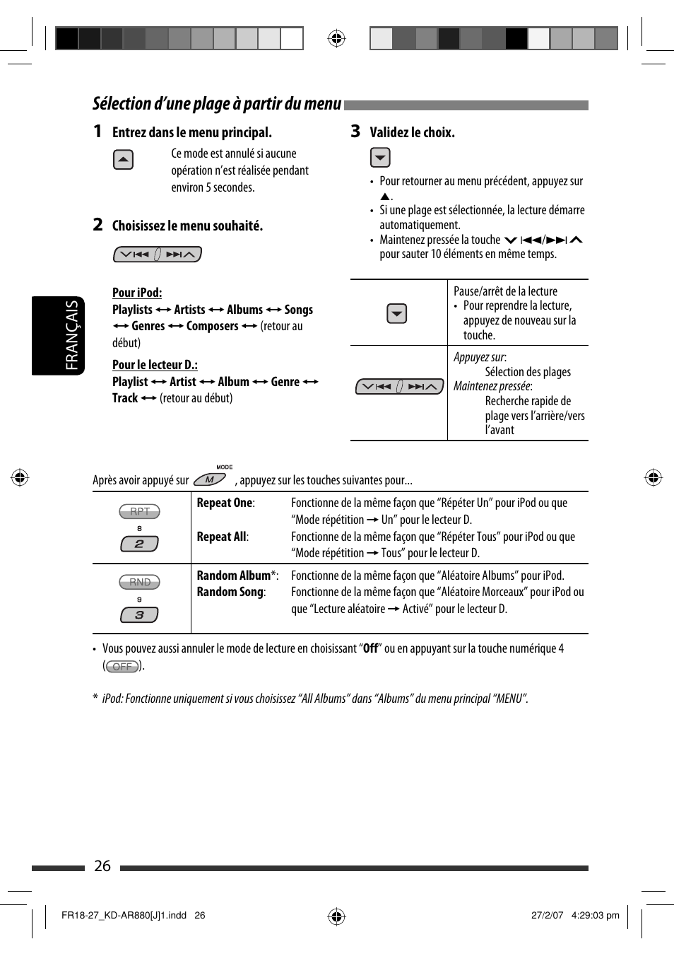 Sélection d’une plage à partir du menu, Français 26 | JVC KD-AR880J User Manual | Page 122 / 147