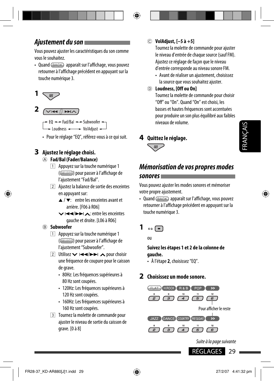 Mémorisation de vos propres modes sonores, Ajustement du son, Français 29 réglages | JVC KD-AR880J User Manual | Page 125 / 147