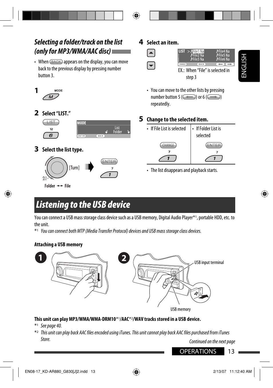 Listening to the usb device, English 13 operations | JVC KD-AR880J User Manual | Page 13 / 147