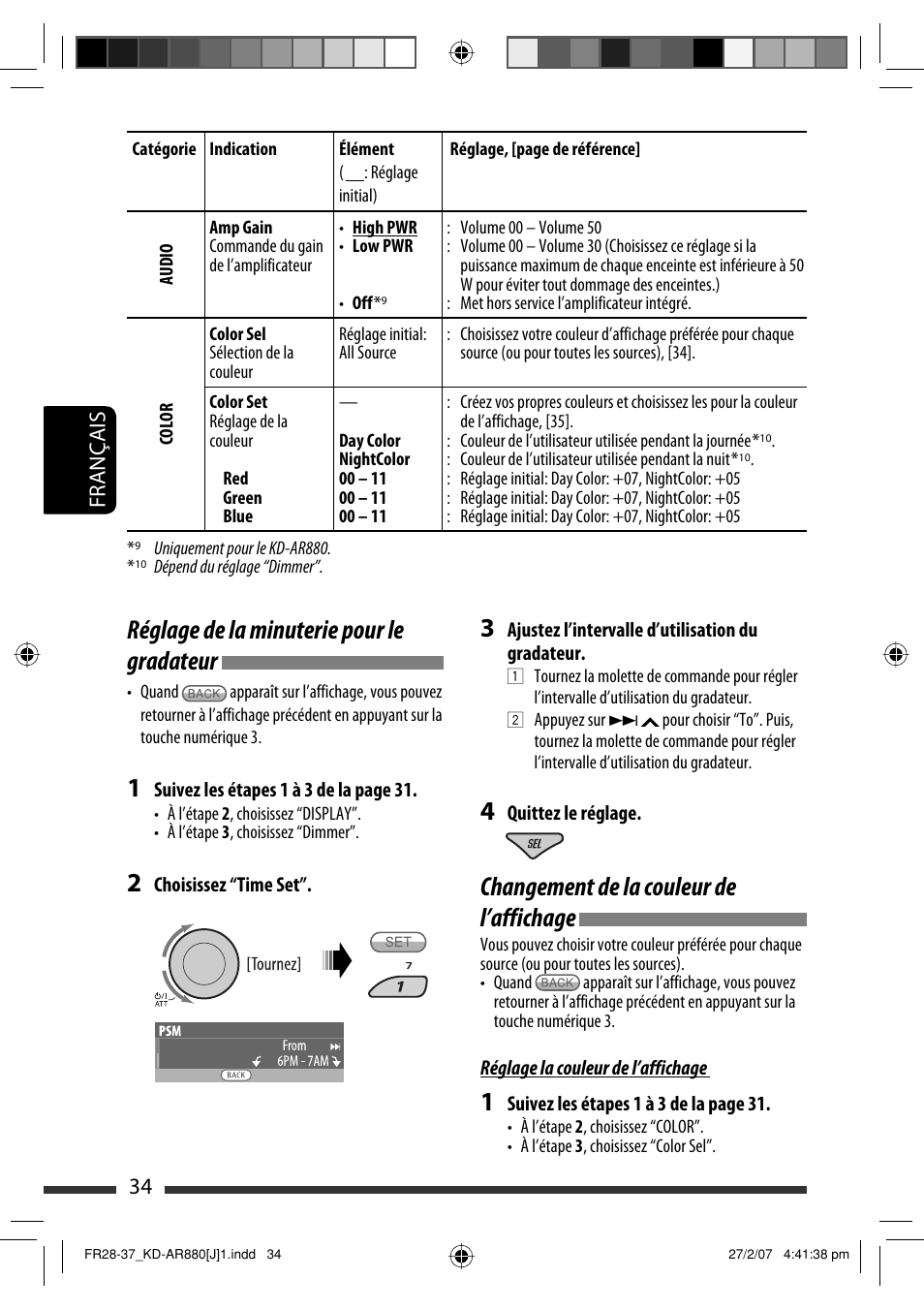 Changement de la couleur de l’affichage, Réglage de la minuterie pour le gradateur, Français 34 | JVC KD-AR880J User Manual | Page 130 / 147