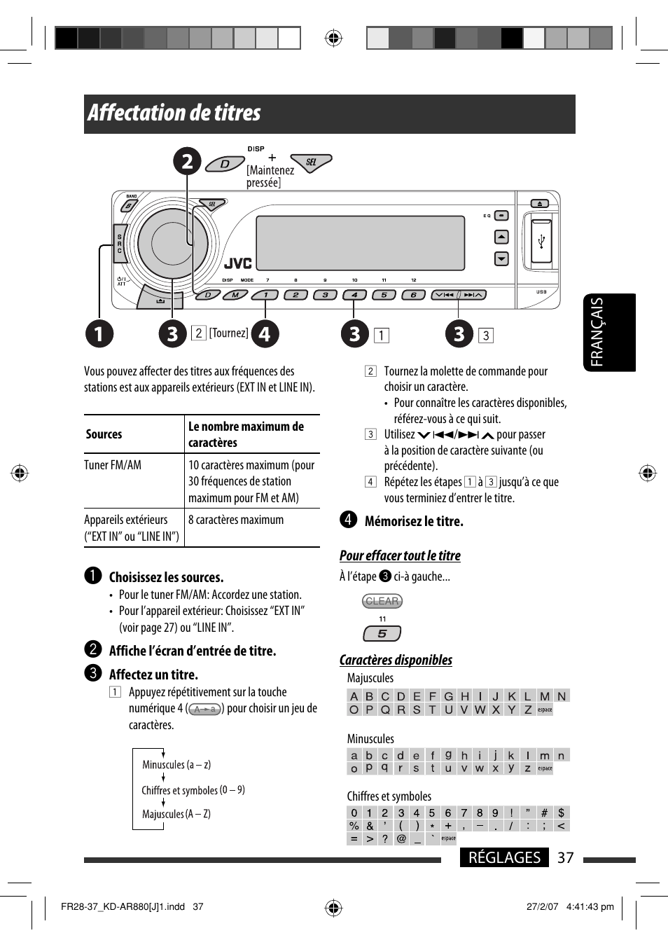 Affectation de titres, Français 37 réglages | JVC KD-AR880J User Manual | Page 133 / 147