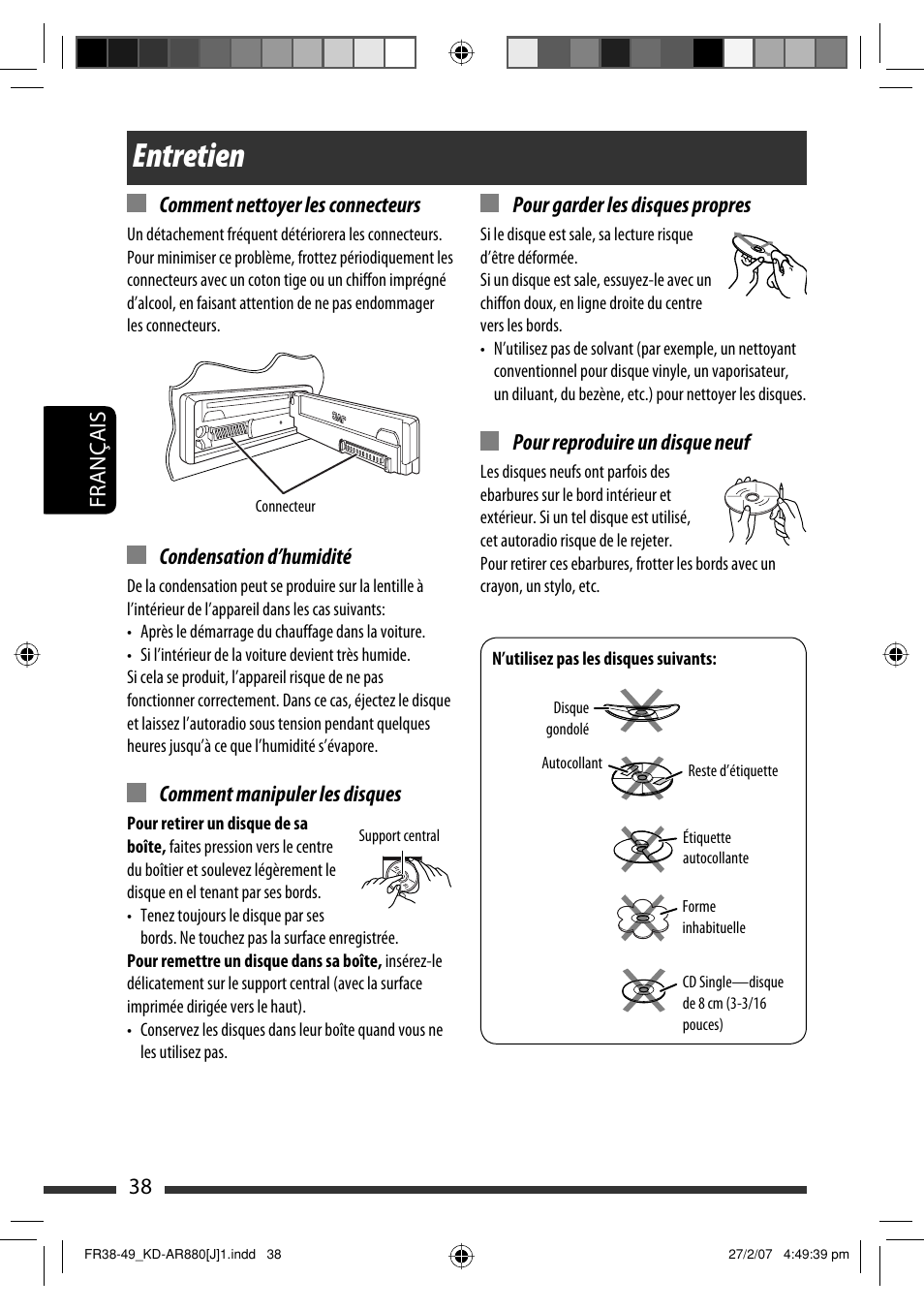Entretien, Français 38 comment nettoyer les connecteurs, Condensation d’humidité | Comment manipuler les disques, Pour garder les disques propres, Pour reproduire un disque neuf | JVC KD-AR880J User Manual | Page 134 / 147