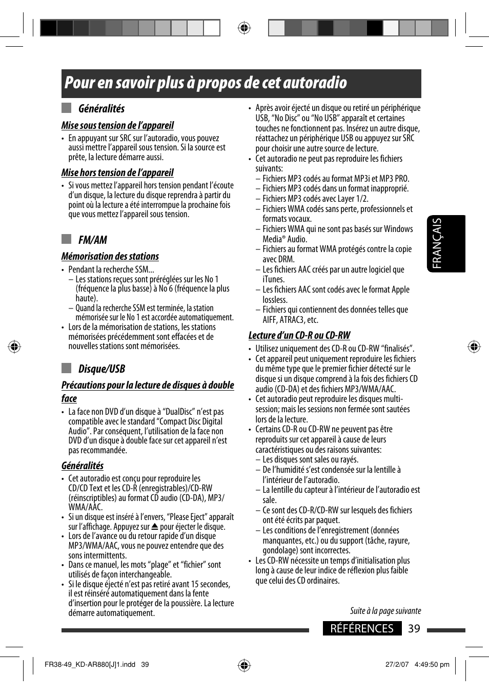 Pour en savoir plus à propos de cet autoradio, Français 39 références généralités, Fm/am | Disque/usb | JVC KD-AR880J User Manual | Page 135 / 147