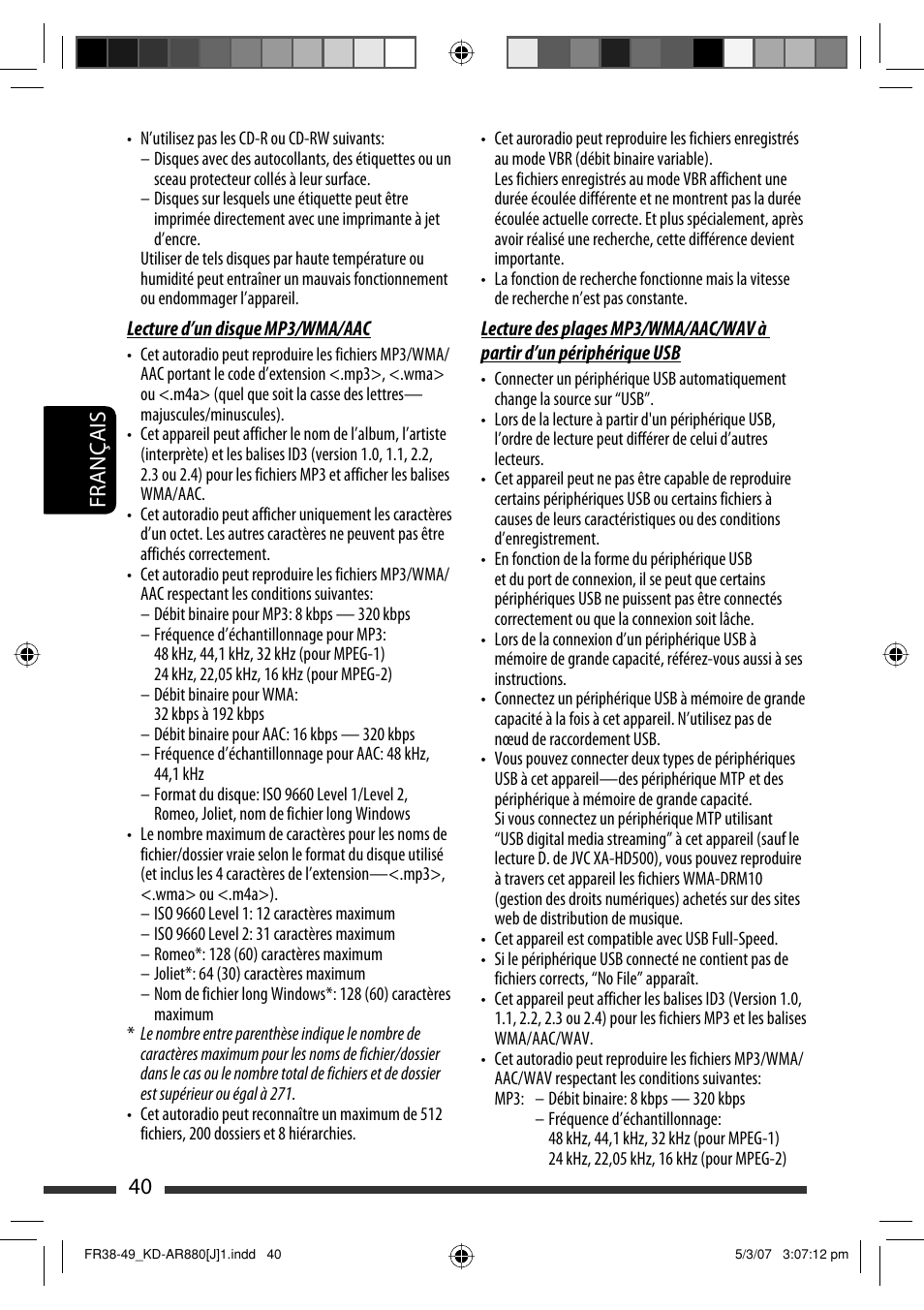 Français 40 | JVC KD-AR880J User Manual | Page 136 / 147