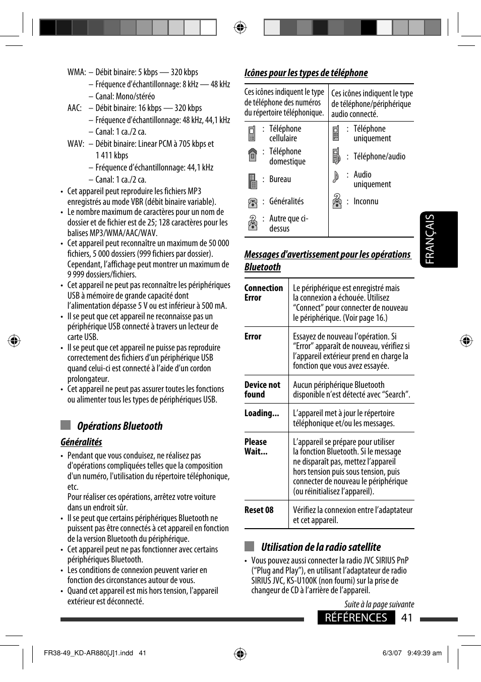 Français 41 références, Utilisation de la radio satellite, Opérations bluetooth | JVC KD-AR880J User Manual | Page 137 / 147