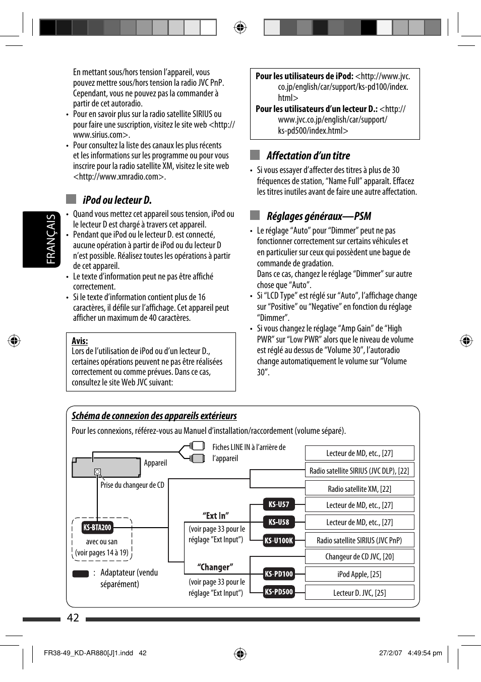 Français 42, Affectation d’un titre, Réglages généraux—psm | Ipod ou lecteur d | JVC KD-AR880J User Manual | Page 138 / 147