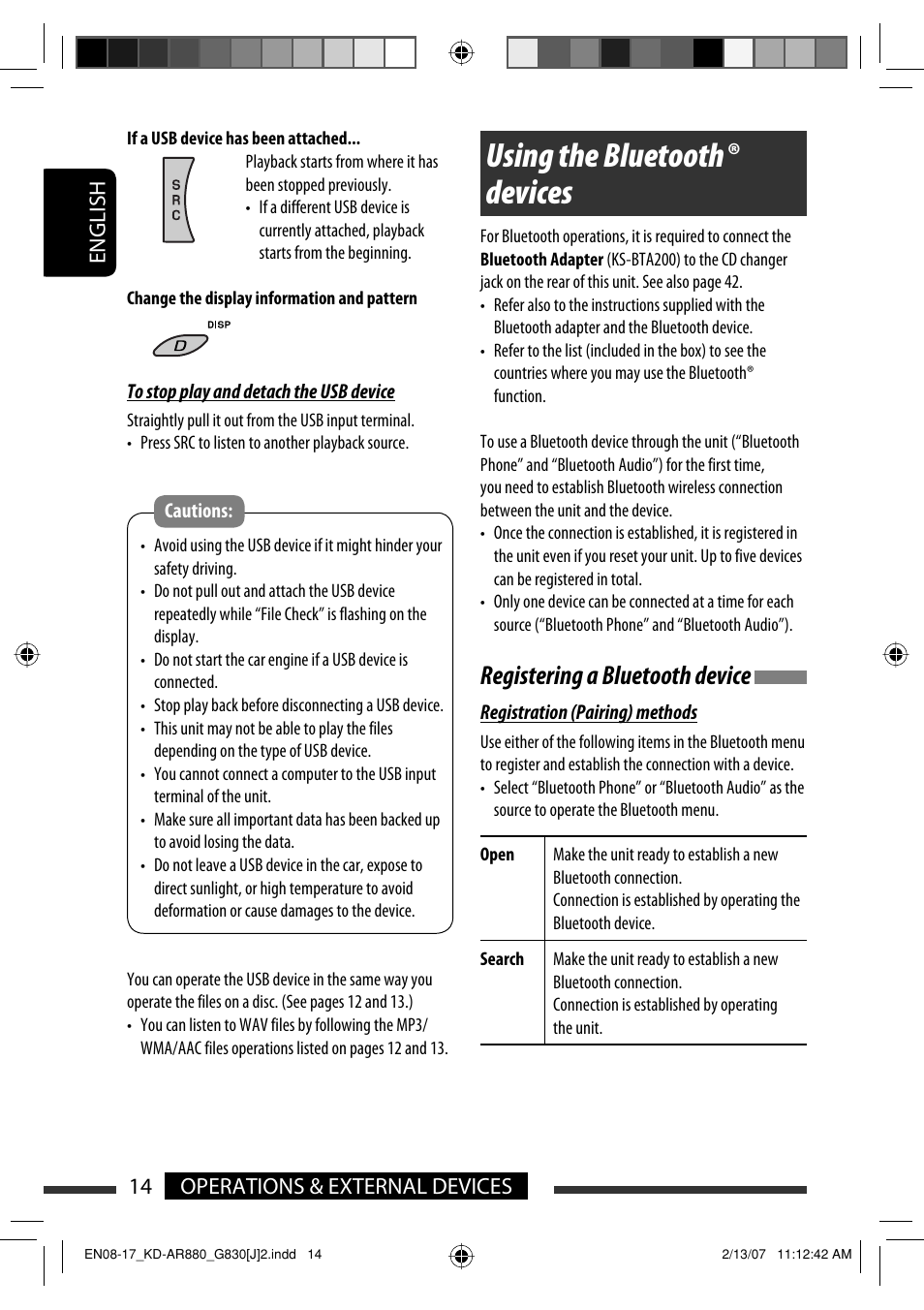 Using the bluetooth ® devices, Registering a bluetooth device, English 14 operations & external devices | JVC KD-AR880J User Manual | Page 14 / 147