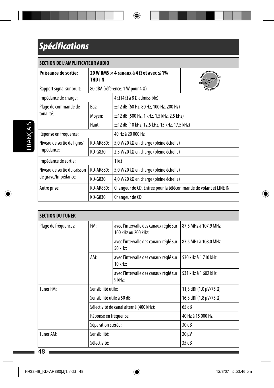 Spécifications, Français 48 | JVC KD-AR880J User Manual | Page 144 / 147