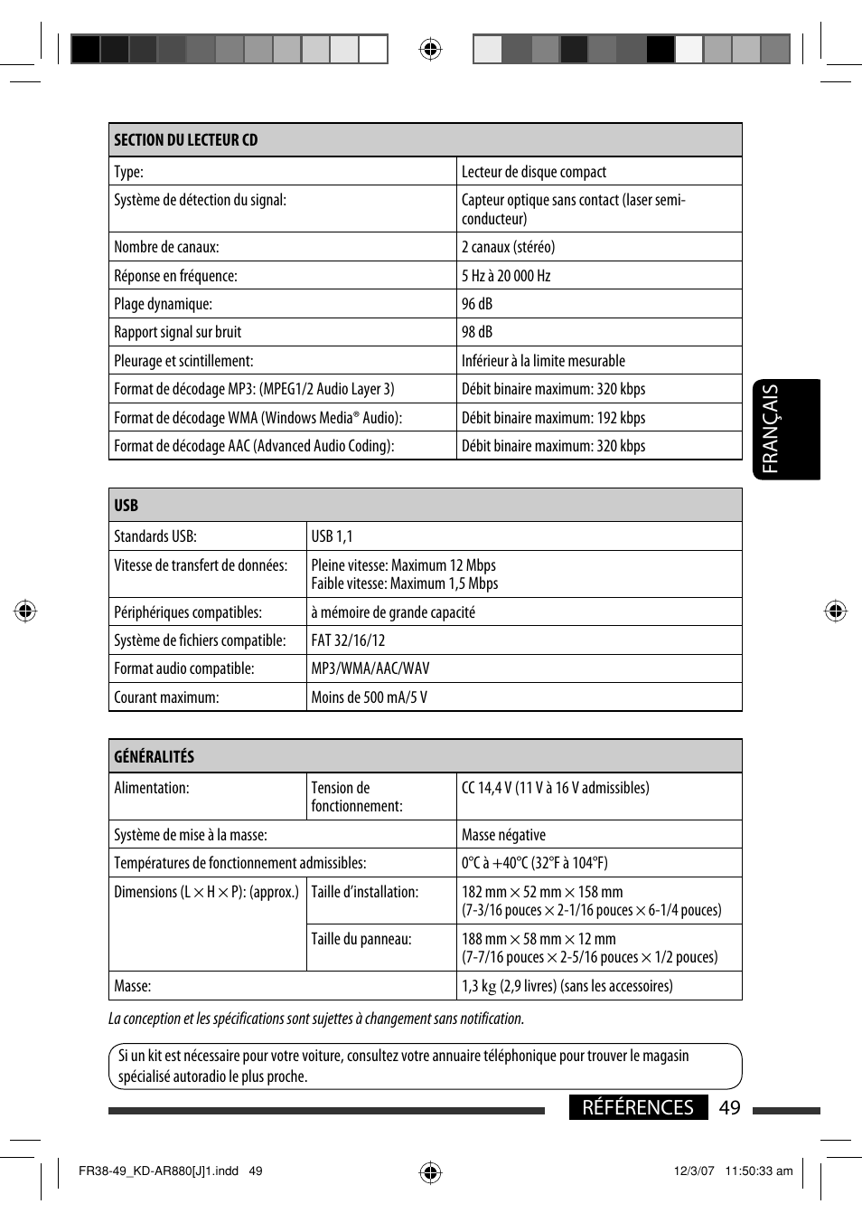 Français 49 références | JVC KD-AR880J User Manual | Page 145 / 147