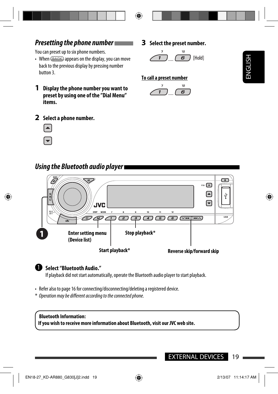 Using the bluetooth audio player, Presetting the phone number | JVC KD-AR880J User Manual | Page 19 / 147