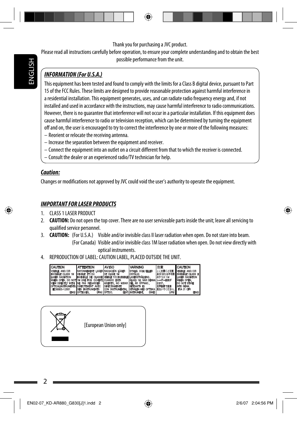 English 2 | JVC KD-AR880J User Manual | Page 2 / 147