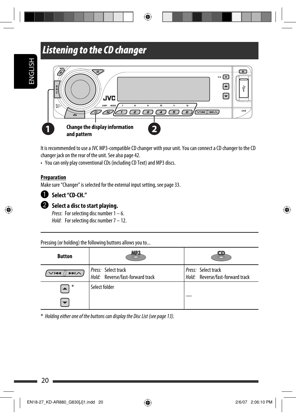 Listening to the cd changer | JVC KD-AR880J User Manual | Page 20 / 147