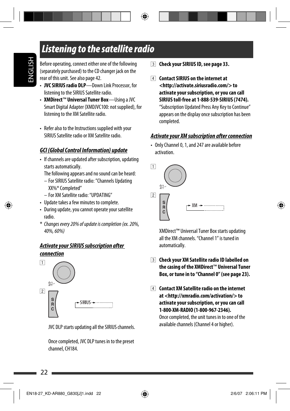 Listening to the satellite radio, English 22 | JVC KD-AR880J User Manual | Page 22 / 147