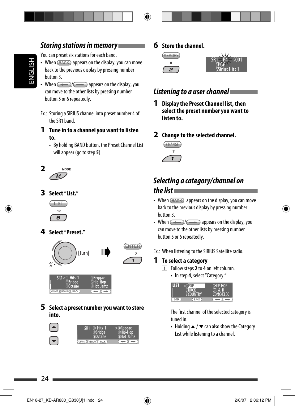 Listening to a user channel 1, Selecting a category/channel on the list | JVC KD-AR880J User Manual | Page 24 / 147