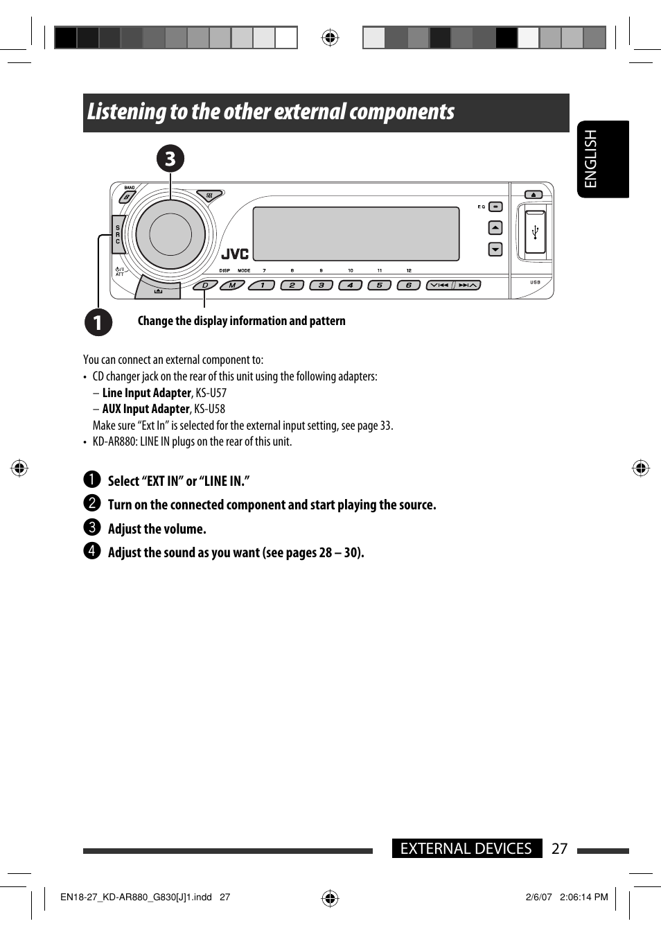 Listening to the other external components | JVC KD-AR880J User Manual | Page 27 / 147