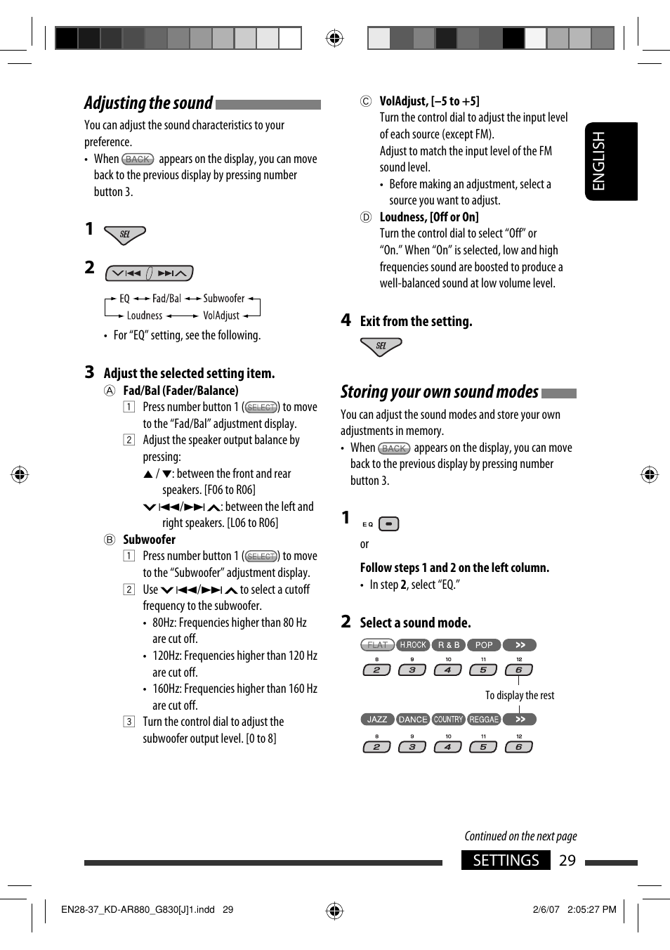 Storing your own sound modes, Adjusting the sound, English 29 settings | JVC KD-AR880J User Manual | Page 29 / 147