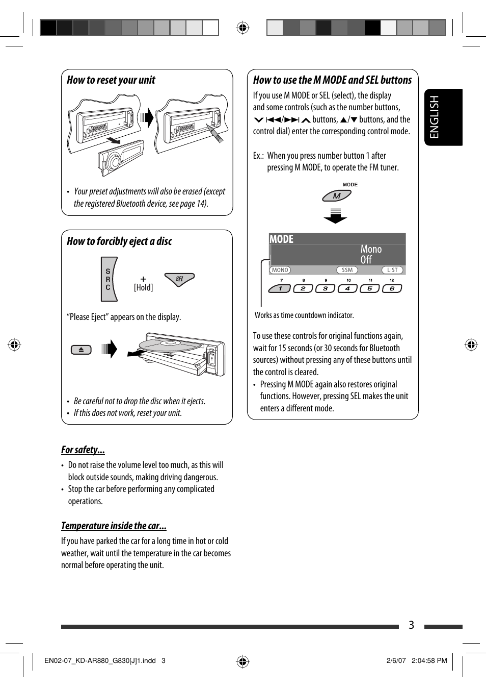 English 3 how to reset your unit, How to forcibly eject a disc, How to use the m mode and sel buttons | JVC KD-AR880J User Manual | Page 3 / 147