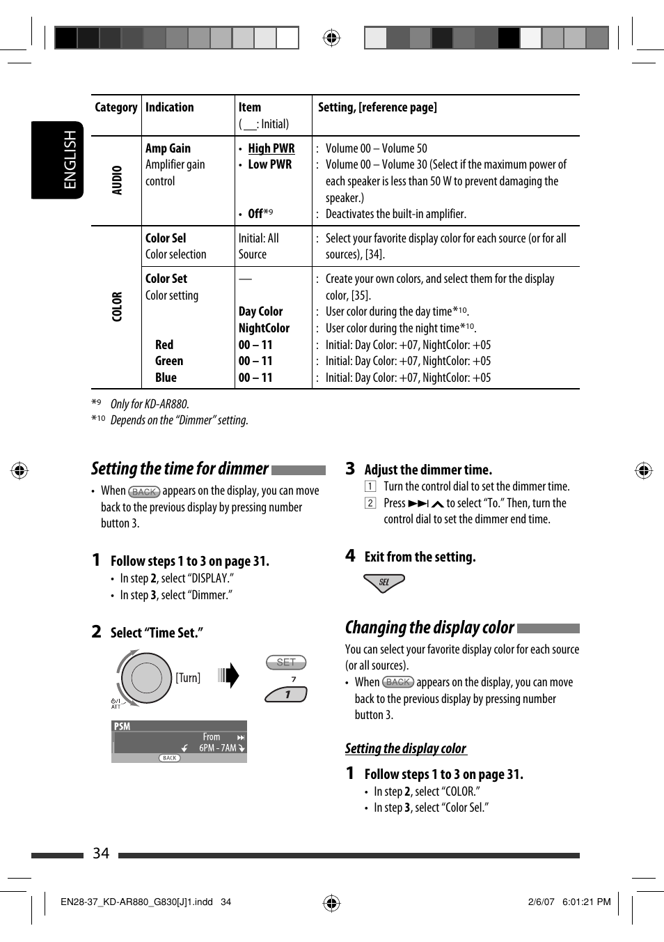 Changing the display color, Setting the time for dimmer, English 34 | JVC KD-AR880J User Manual | Page 34 / 147