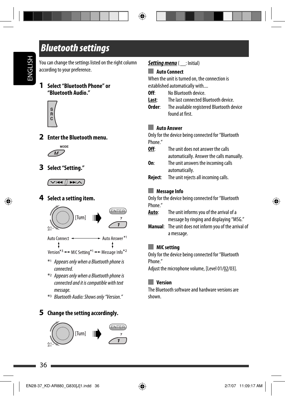 Bluetooth settings | JVC KD-AR880J User Manual | Page 36 / 147